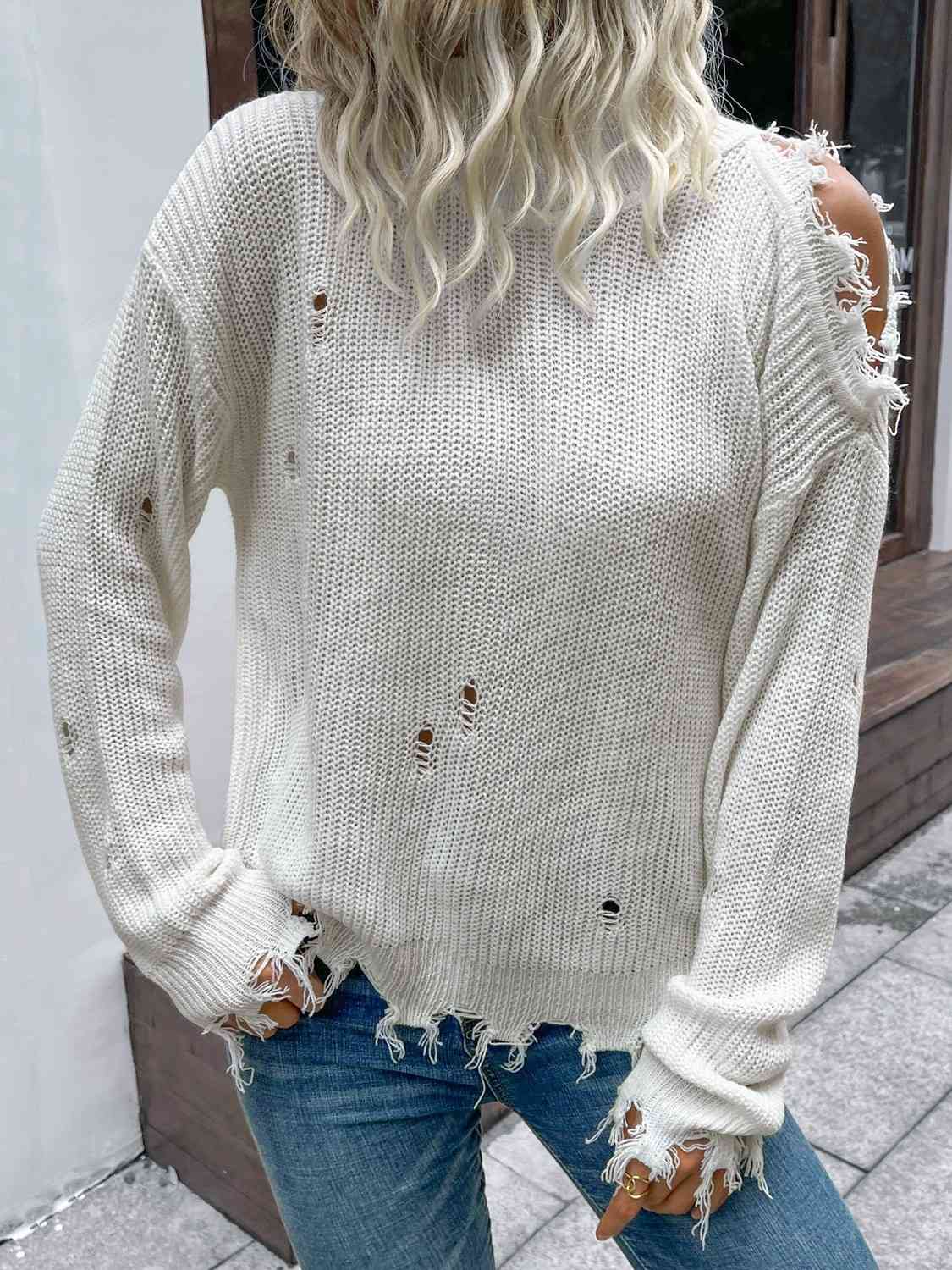 Distressed High Neck Cold-Shoulder Sweater - Deals DejaVu