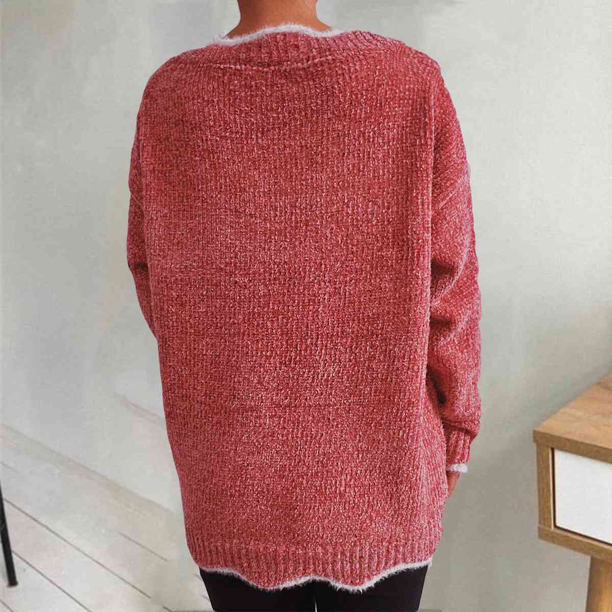 V-Neck Drop Shoulder Long Sleeve Sweater - Deals DejaVu