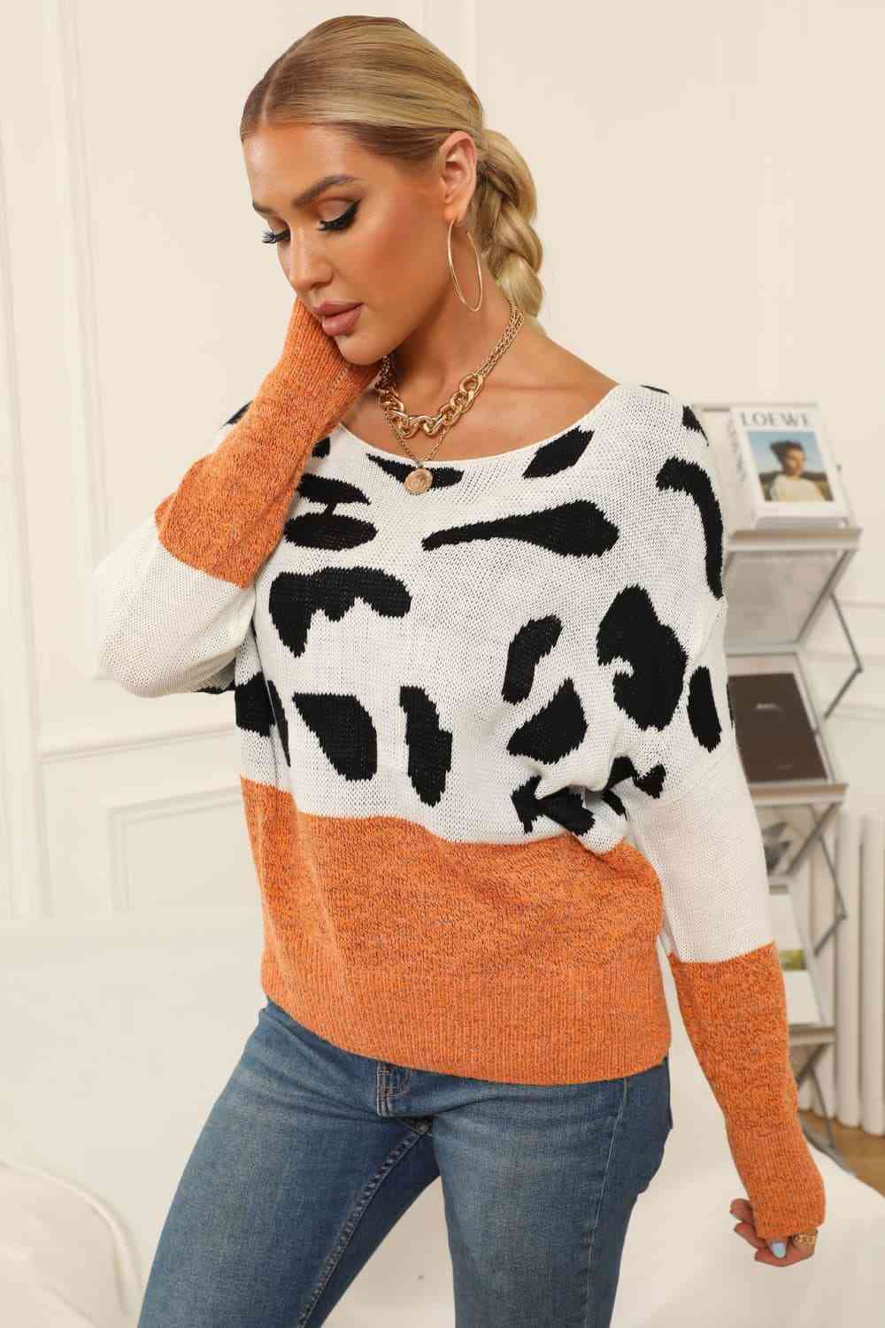 Full Size Two-Tone Boat Neck Sweater - Deals DejaVu