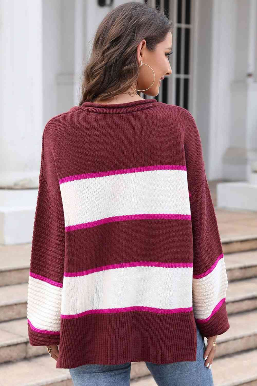 Striped Dropped Shoulder Side Slit Sweater - Deals DejaVu