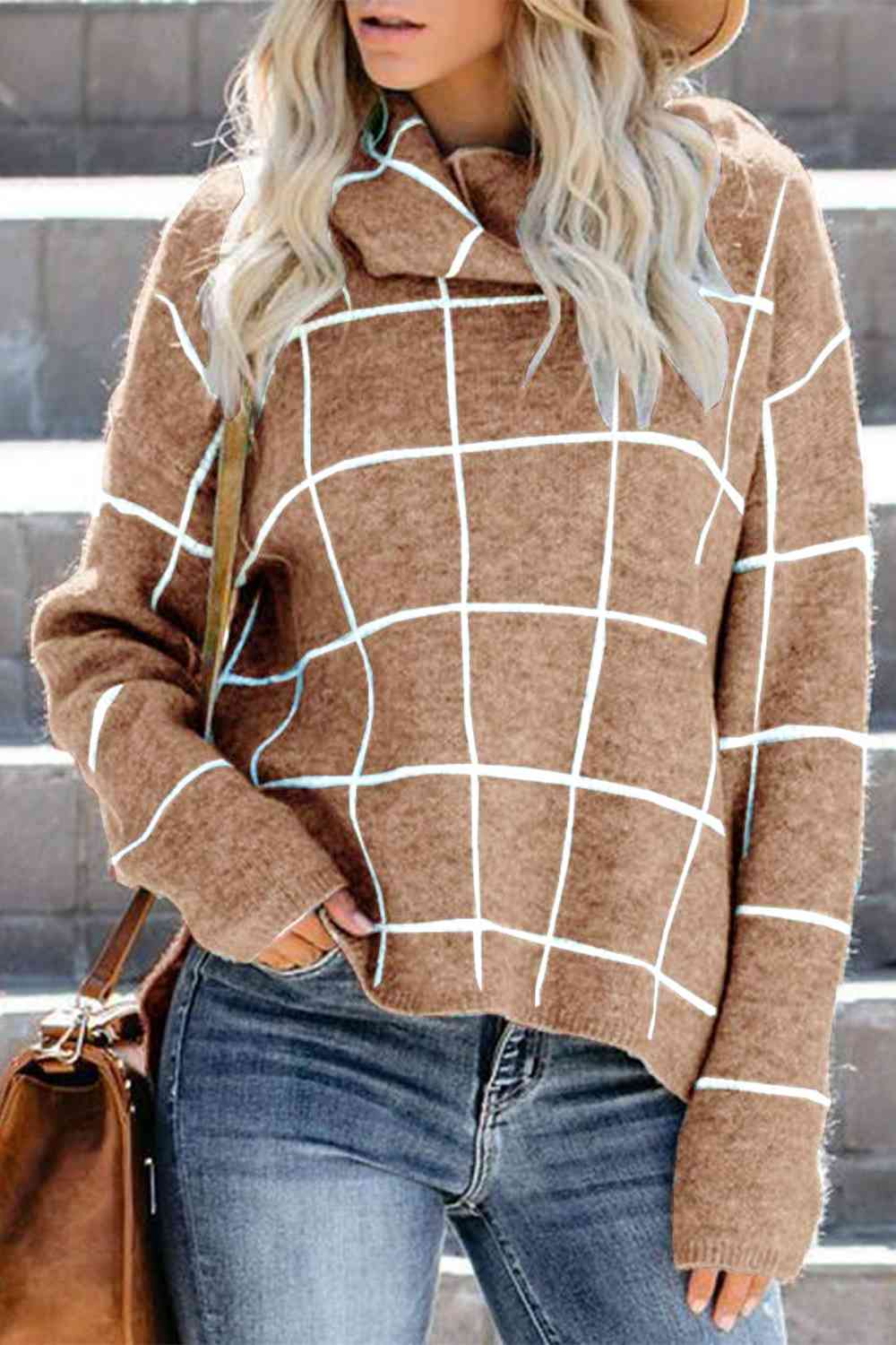 Plaid Turtleneck Drop Shoulder Sweater - Deals DejaVu