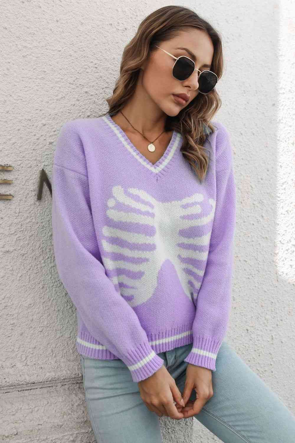 Skeleton Pattern V-Neck Long Sleeve Pullover Sweater - Deals DejaVu