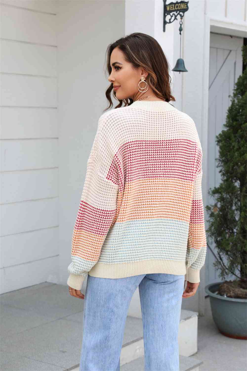 Waffle-Knit Round Neck Dropped Shoulder Color Block Sweater - Deals DejaVu