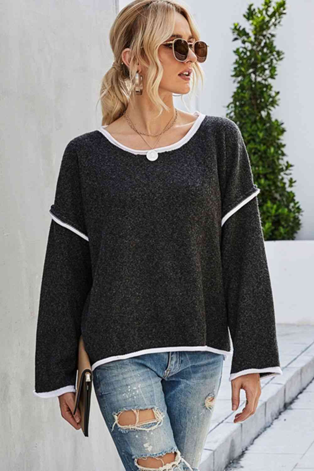 Round Neck Dropped Shoulder Sweater - Deals DejaVu