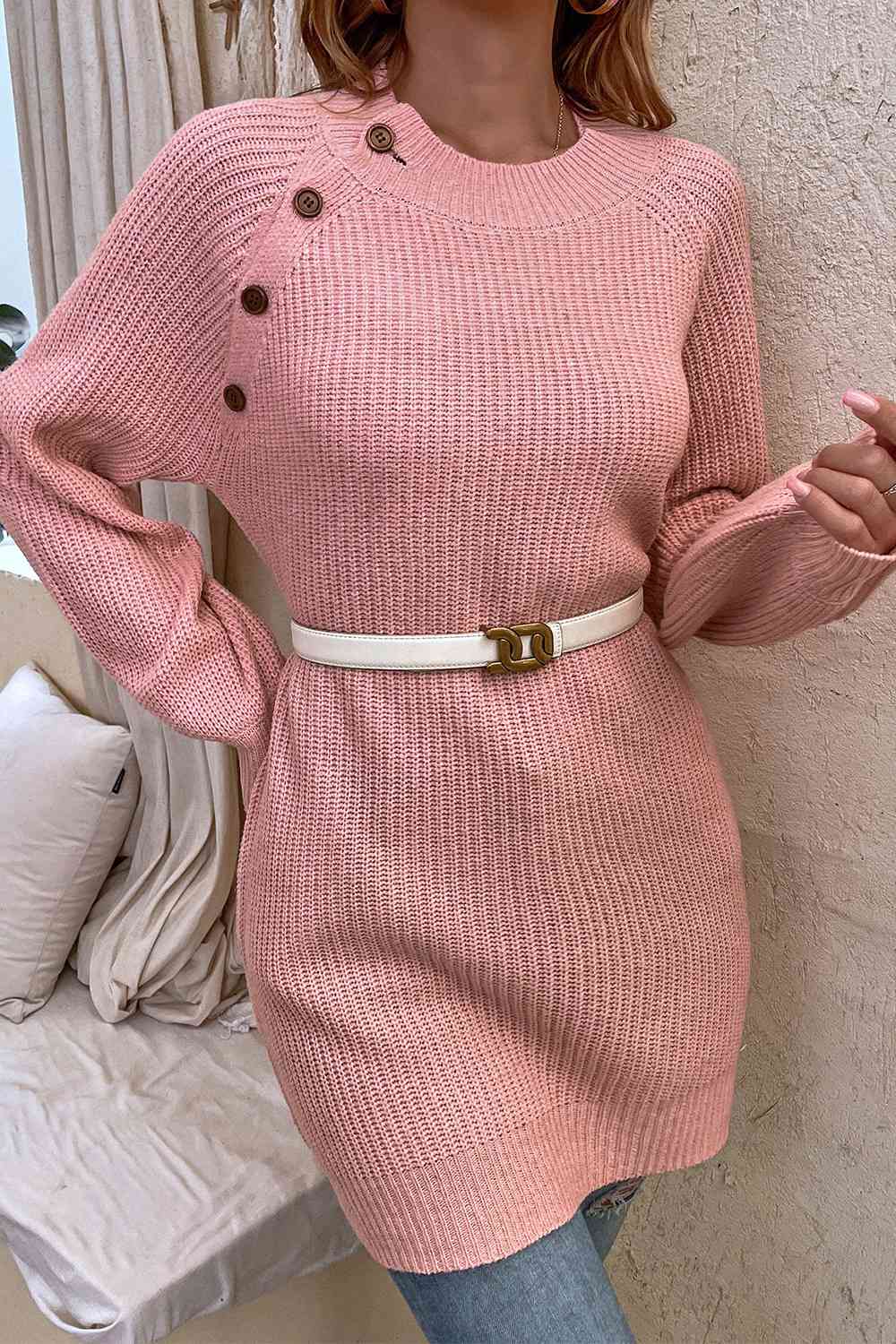 Round Neck Button Detail Ribbed Sweater - Deals DejaVu