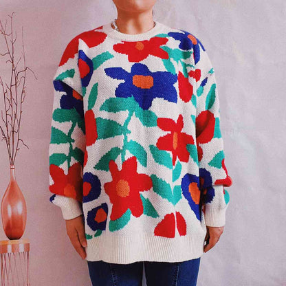 Floral Print Round Neck Drop Shoulder Sweater - Deals DejaVu