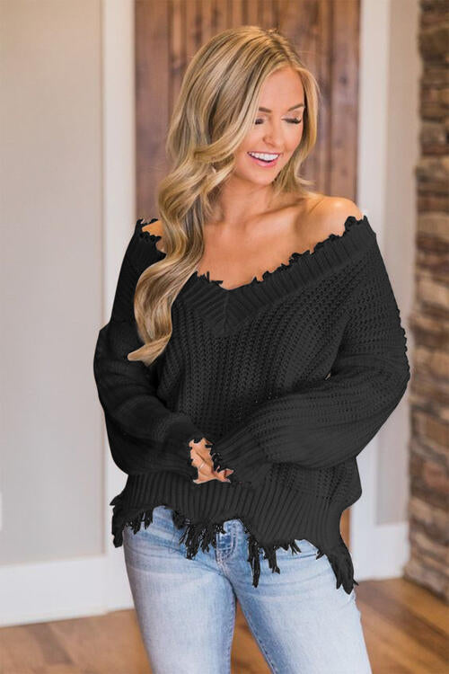 Frayed Hem Dropped Shoulder Sweater - Deals DejaVu