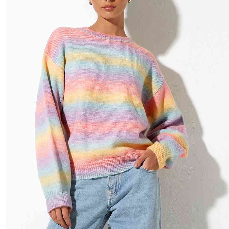 Gradient Round Neck Long Sleeve Sweater - Deals DejaVu