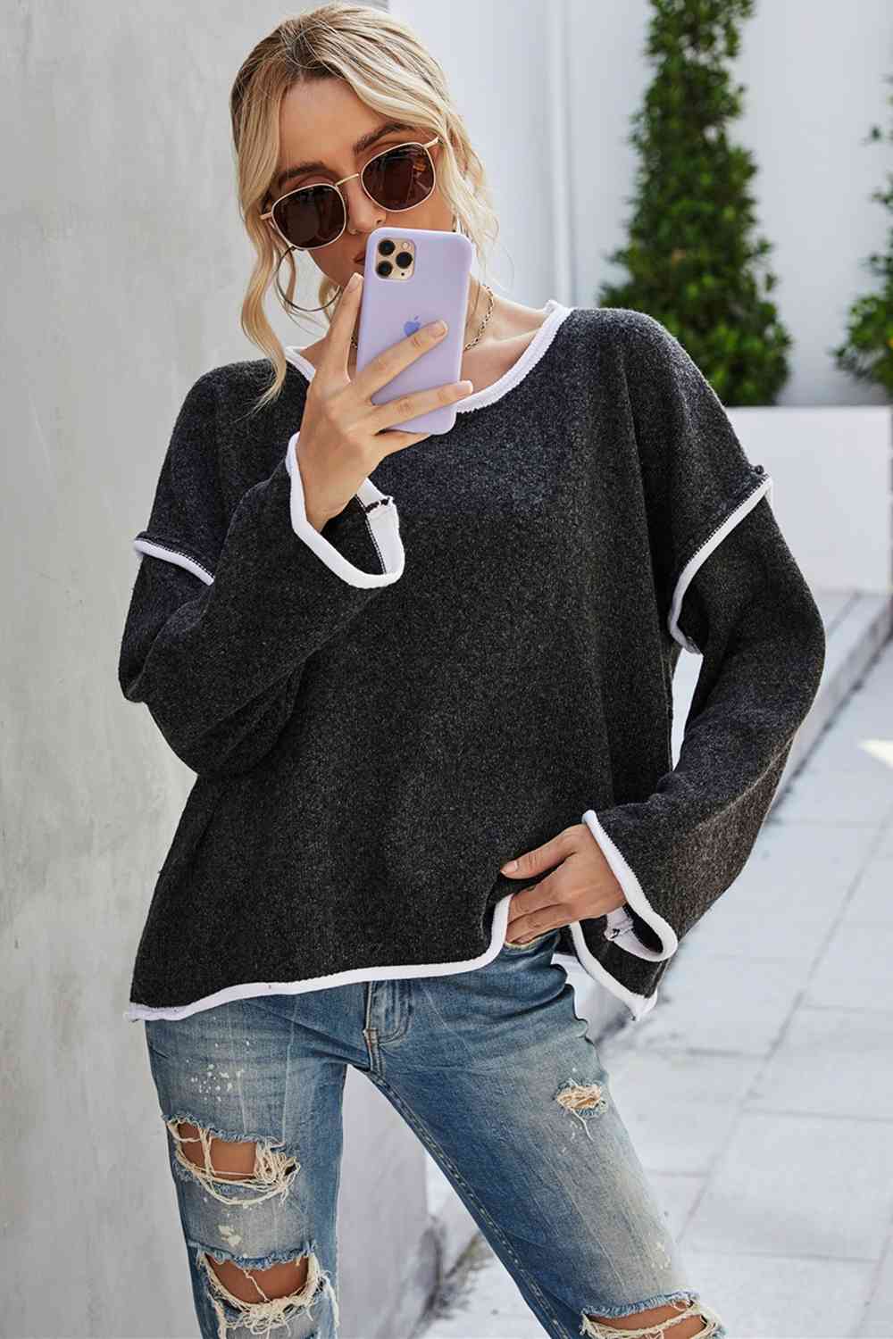 Round Neck Dropped Shoulder Sweater - Deals DejaVu