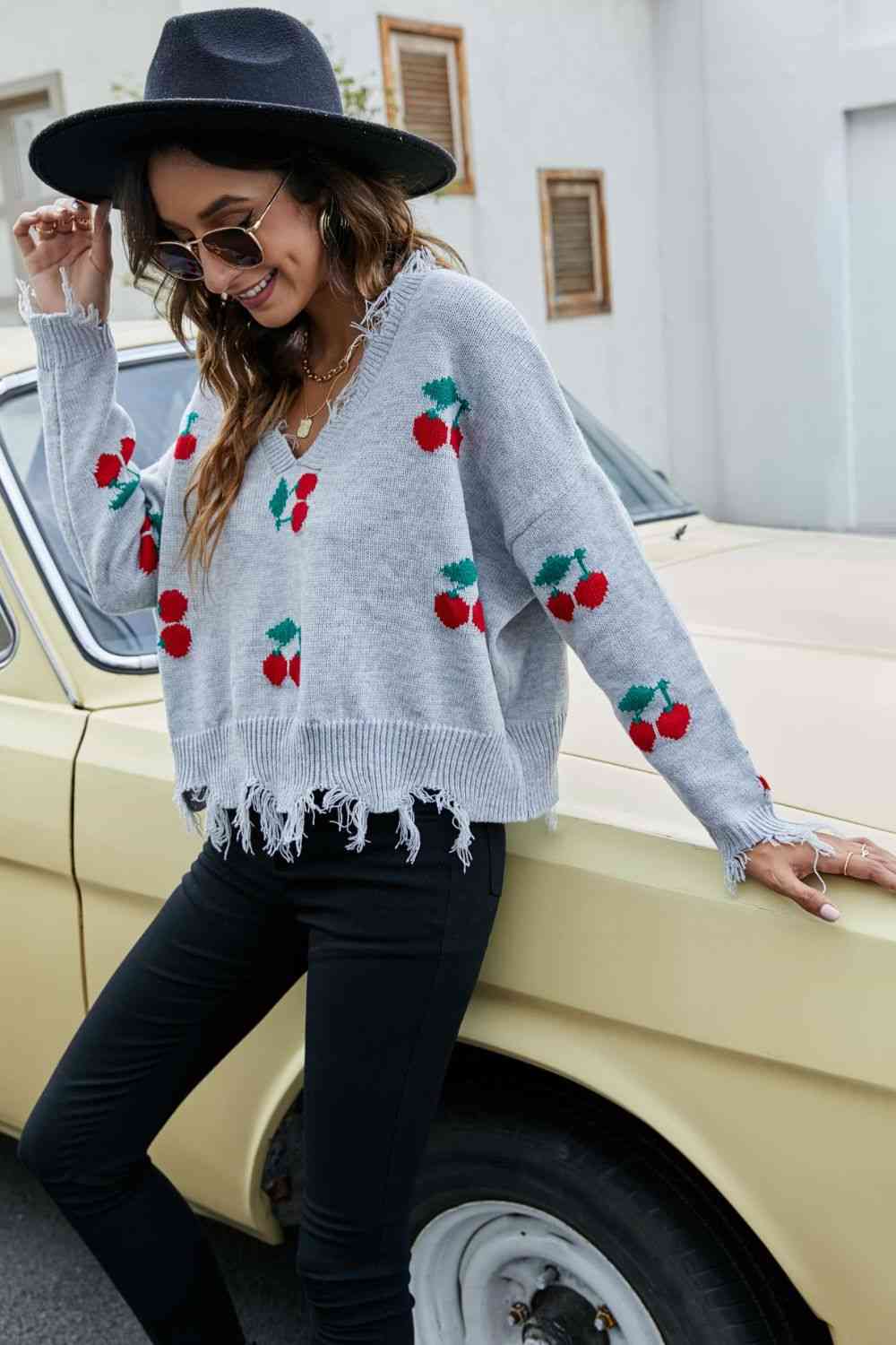 Cherry Pattern Frayed Trim V-Neck Sweater