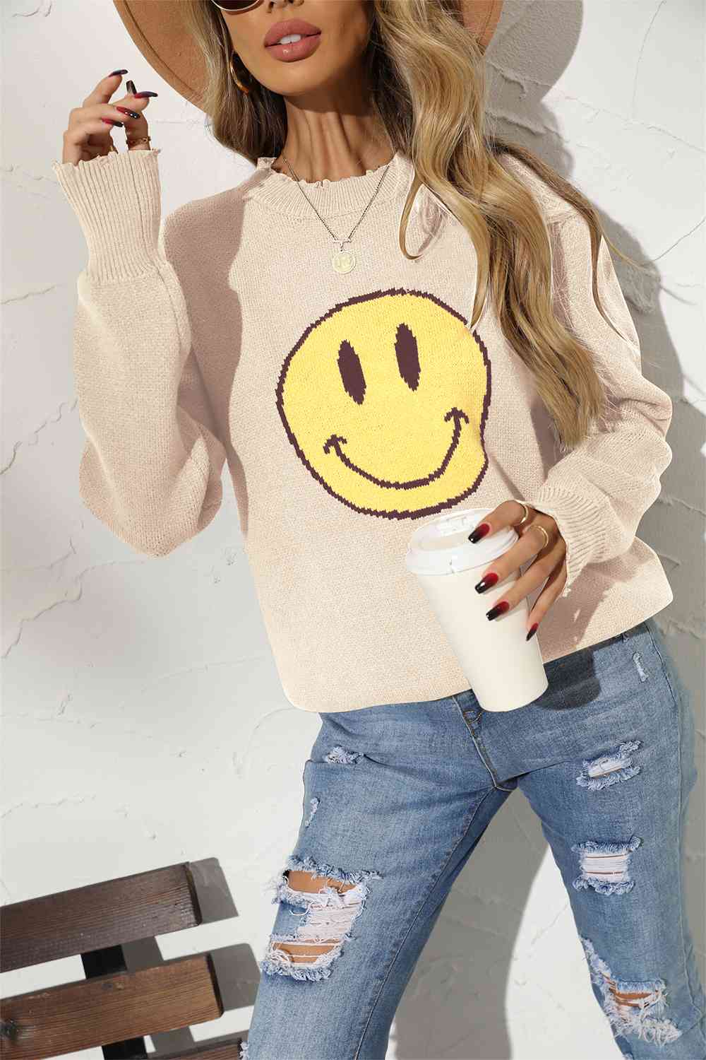 Round Neck Long Sleeve Smily Face Graphic Sweater (BFD) T - Deals DejaVu