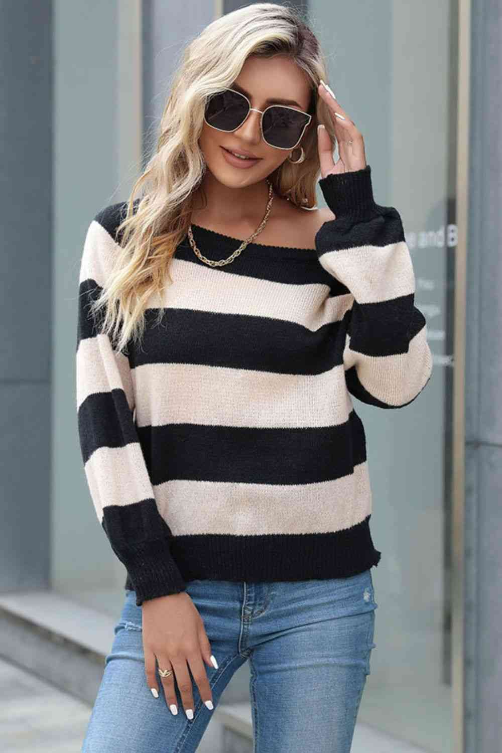 Horizontal Stripe Raglan Sleeve Sweater - Deals DejaVu