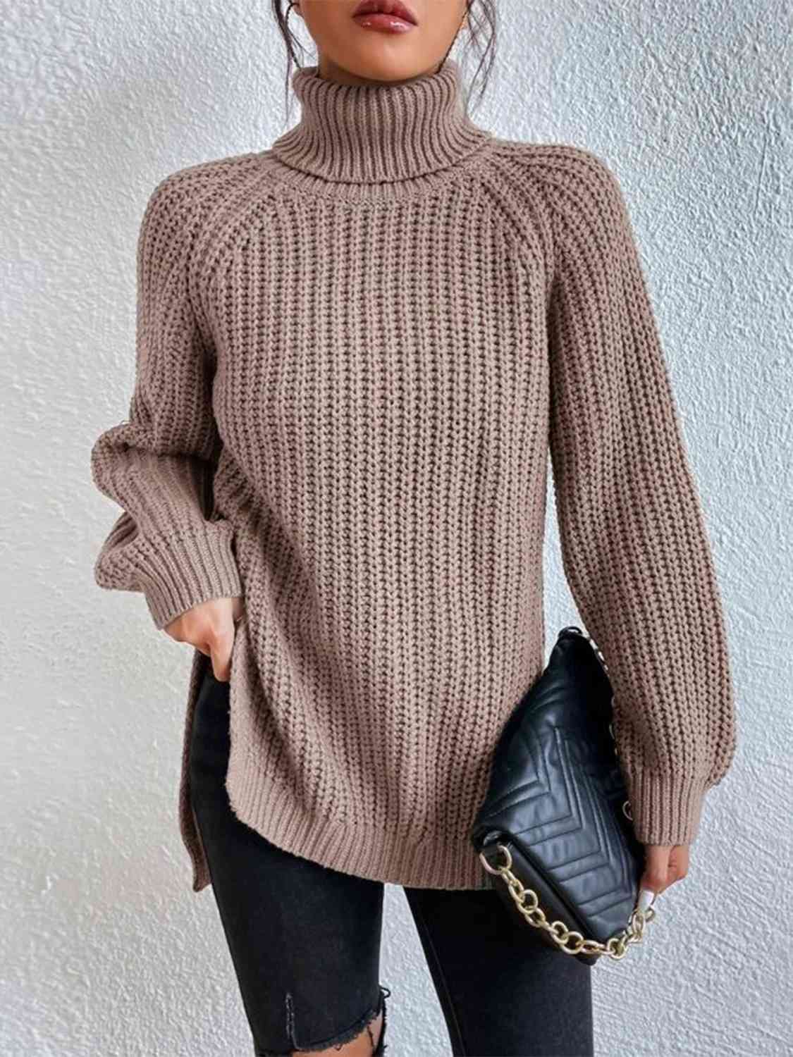 Full Size Turtleneck Rib-Knit Slit Sweater - Deals DejaVu