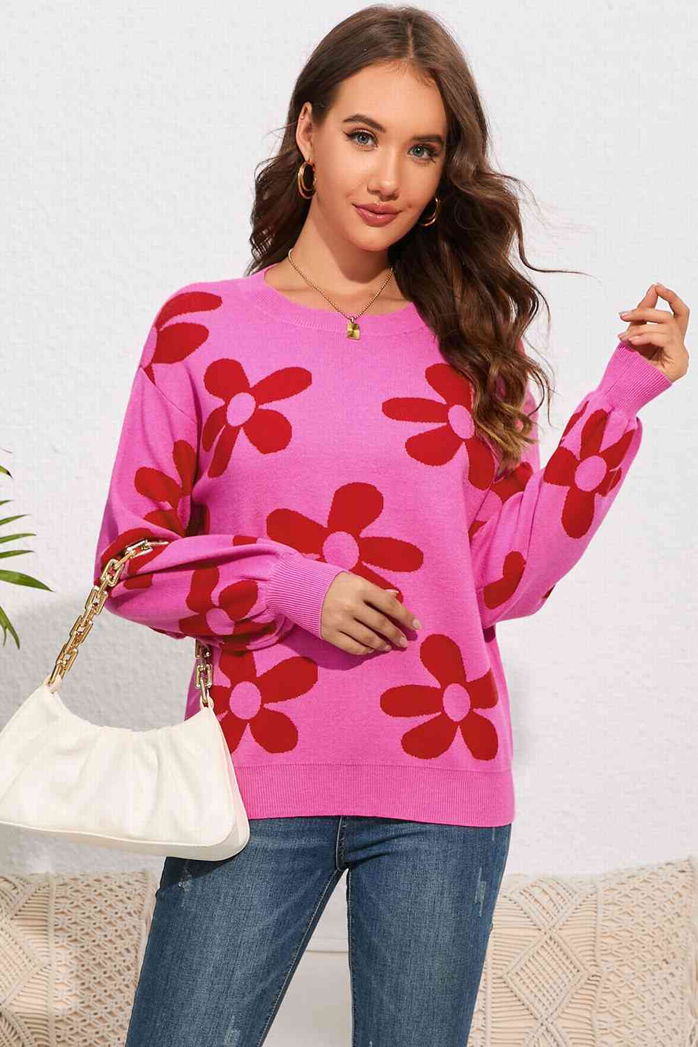 Floral Print Round Neck Dropped Shoulder Sweater - Deals DejaVu