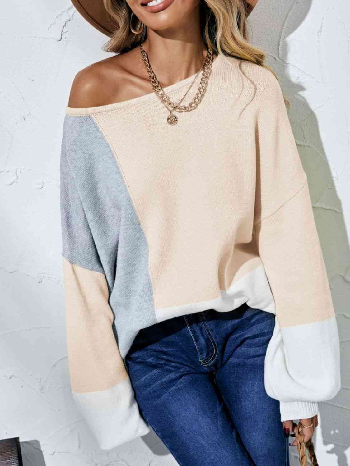 Color Block Balloon Sleeve Boat Neck Sweater - Deals DejaVu