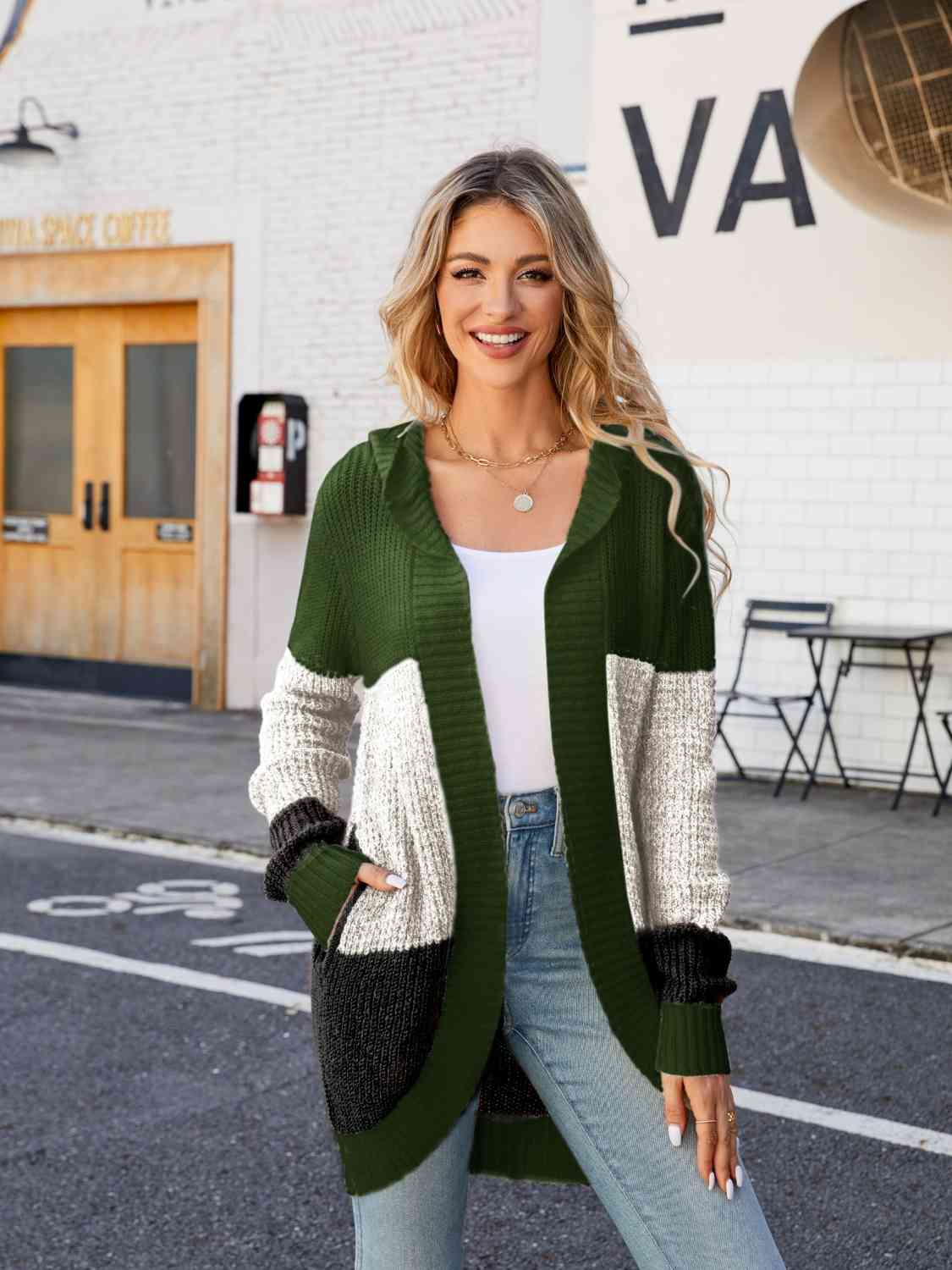 Color Block Open Front Hooded Cardigan (BFD) T - Deals DejaVu