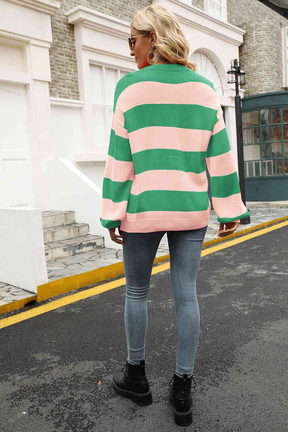 Striped Balloon Sleeve Knit Pullover - Deals DejaVu