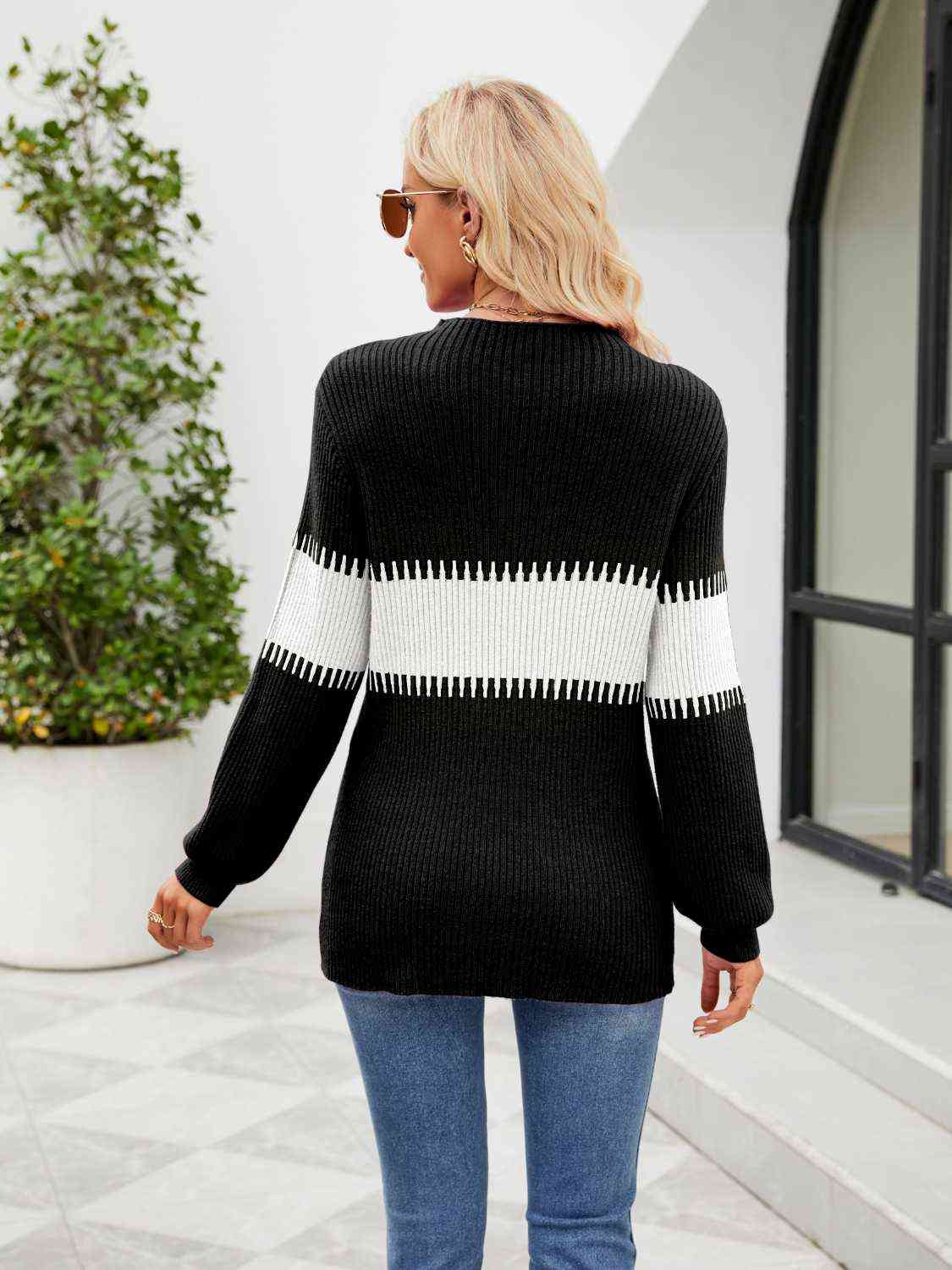 Contrast Round Neck Sweater - Deals DejaVu