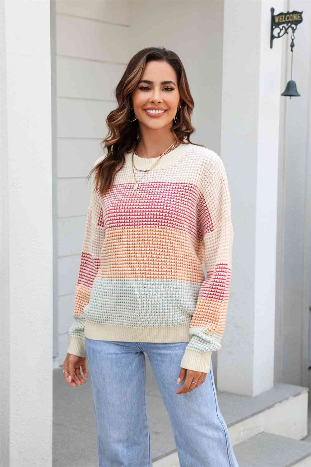 Waffle-Knit Round Neck Dropped Shoulder Color Block Sweater - Deals DejaVu