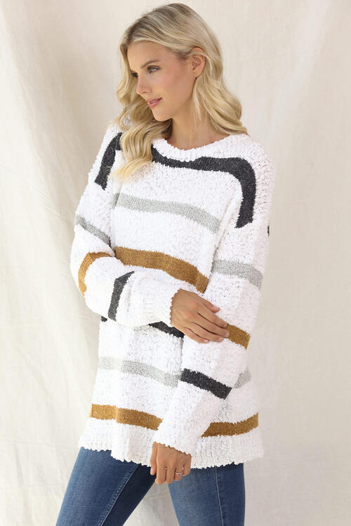 Striped Round Neck Long Sleeve Sweater - Deals DejaVu