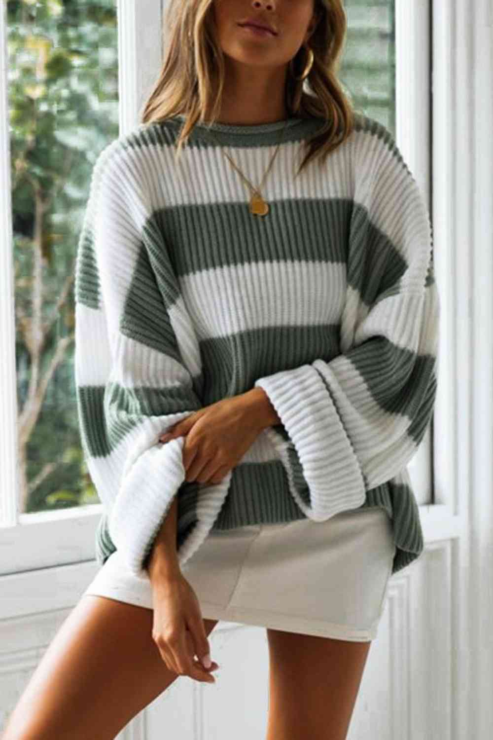 Striped Round Neck Long Sleeve Sweater - Deals DejaVu