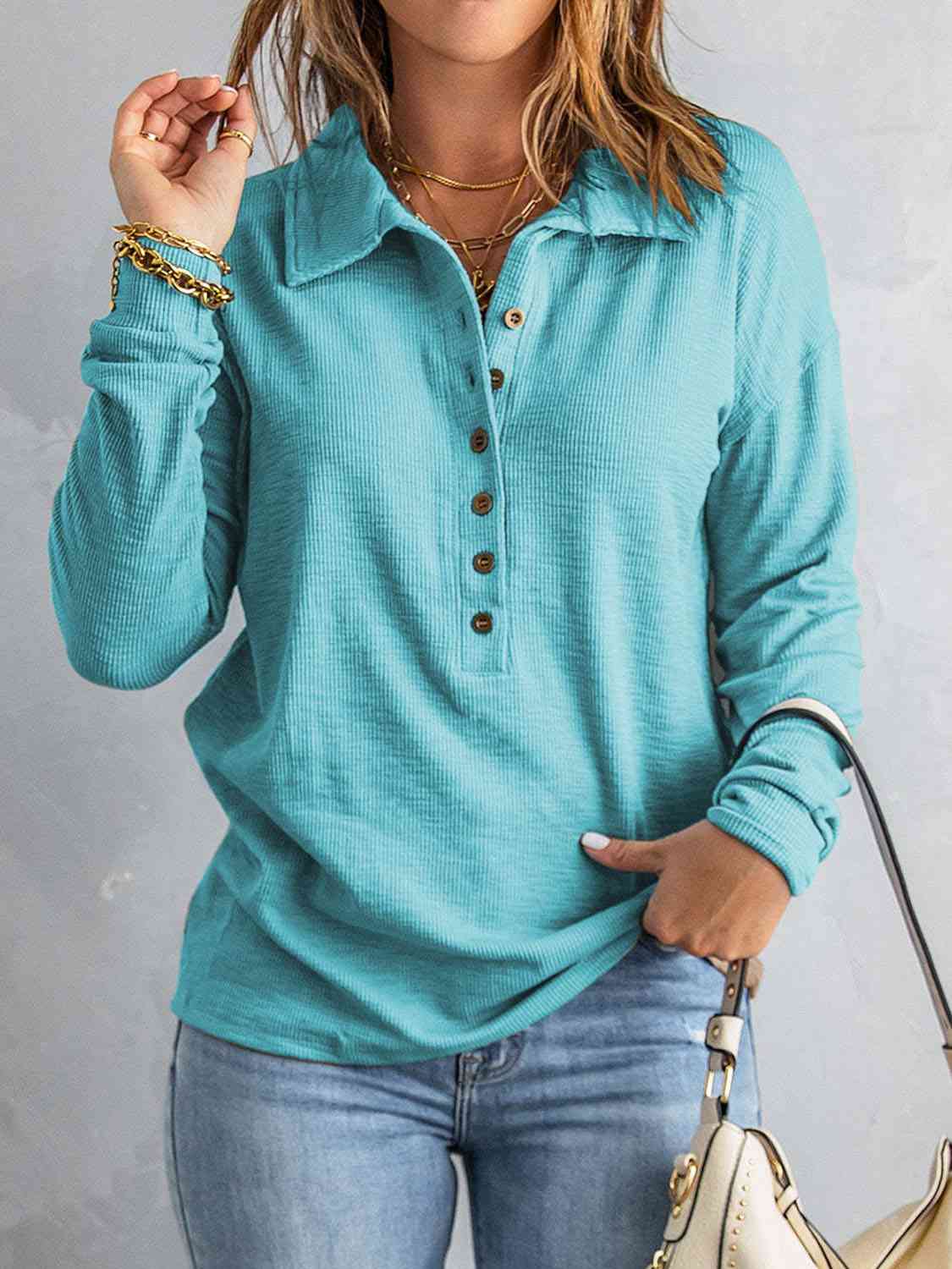 Collared Neck Half Button Top (BFD) T - Deals DejaVu