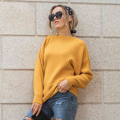 Round Neck Dropped Shoulder Sweater - Deals DejaVu