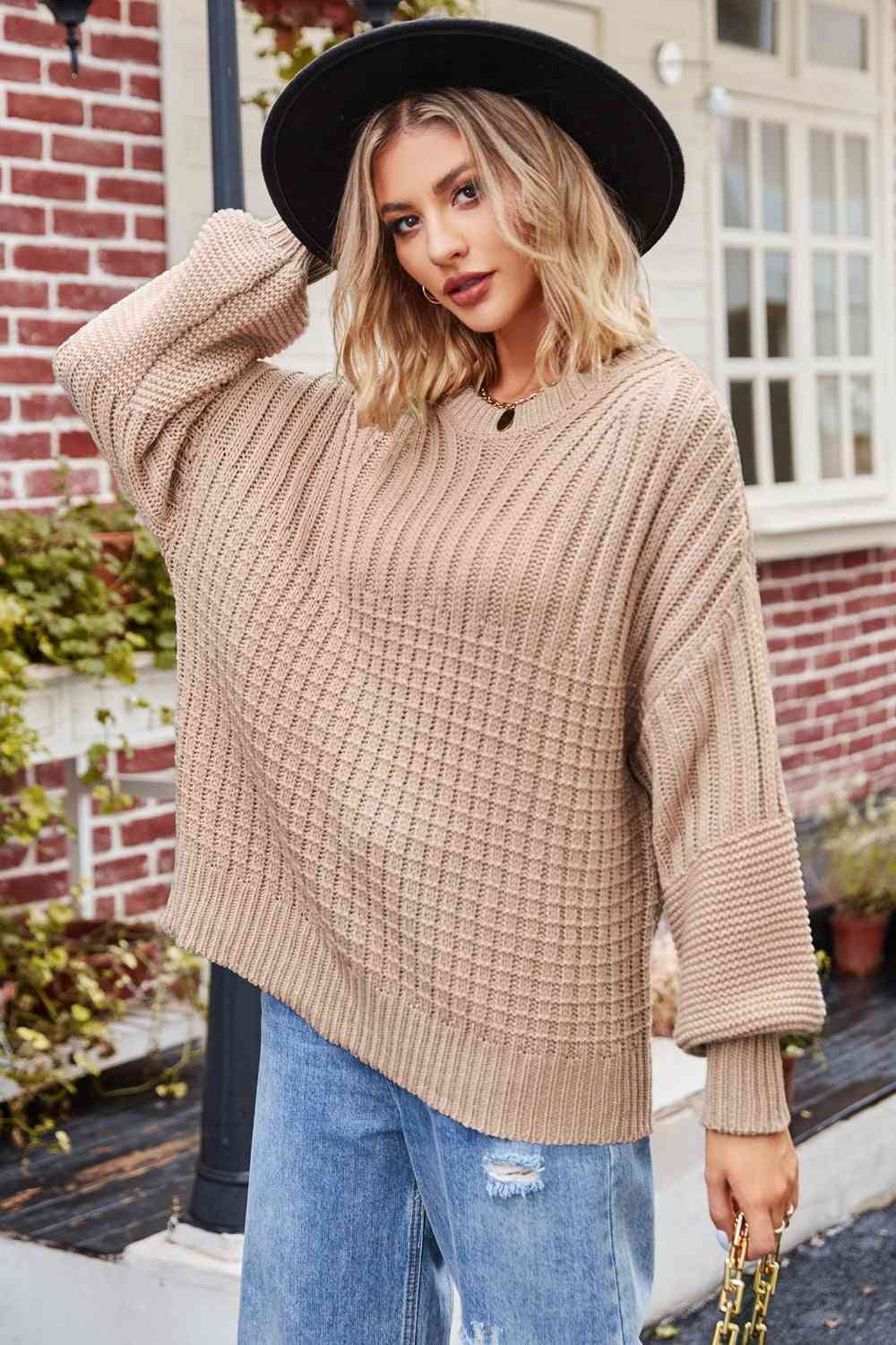 Round Neck Dropped Shoulder Sweater - Deals DejaVu