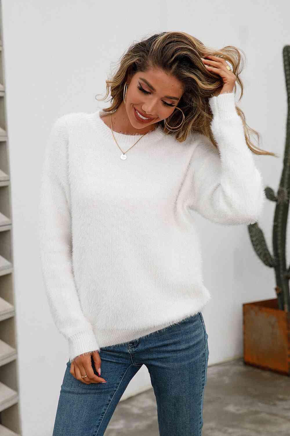 Dropped Shoulder Round Neck Fuzzy Sweater - Deals DejaVu