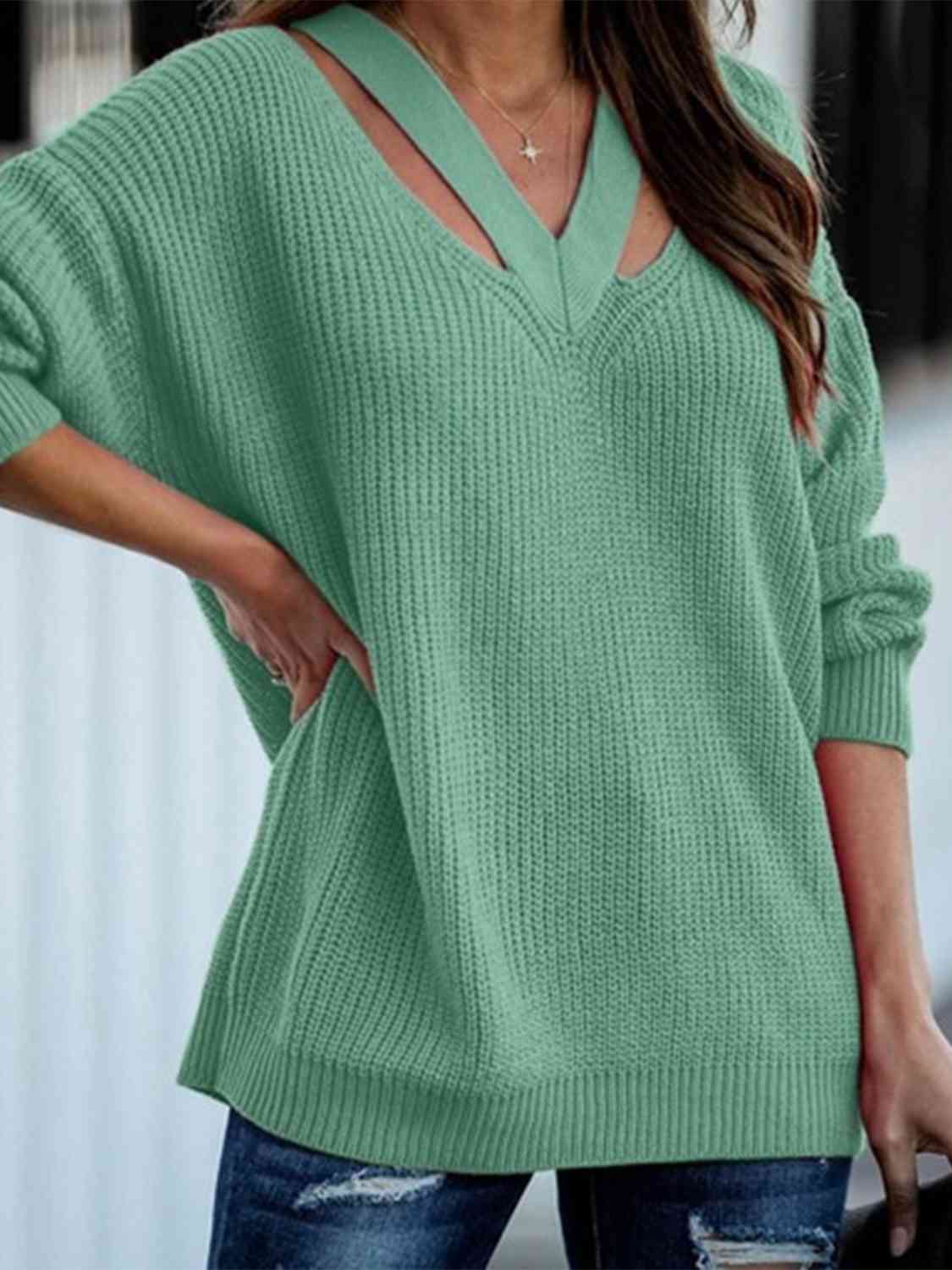 Full Size Cutout V-Neck Rib-Knit Sweater - Deals DejaVu