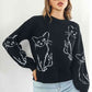 Cat Pattern Round Neck Long Sleeve Pullover Sweater - Deals DejaVu