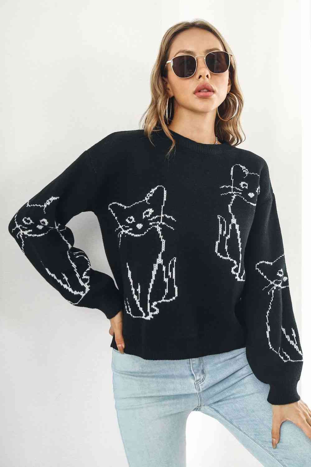 Cat Pattern Round Neck Long Sleeve Pullover Sweater - Deals DejaVu