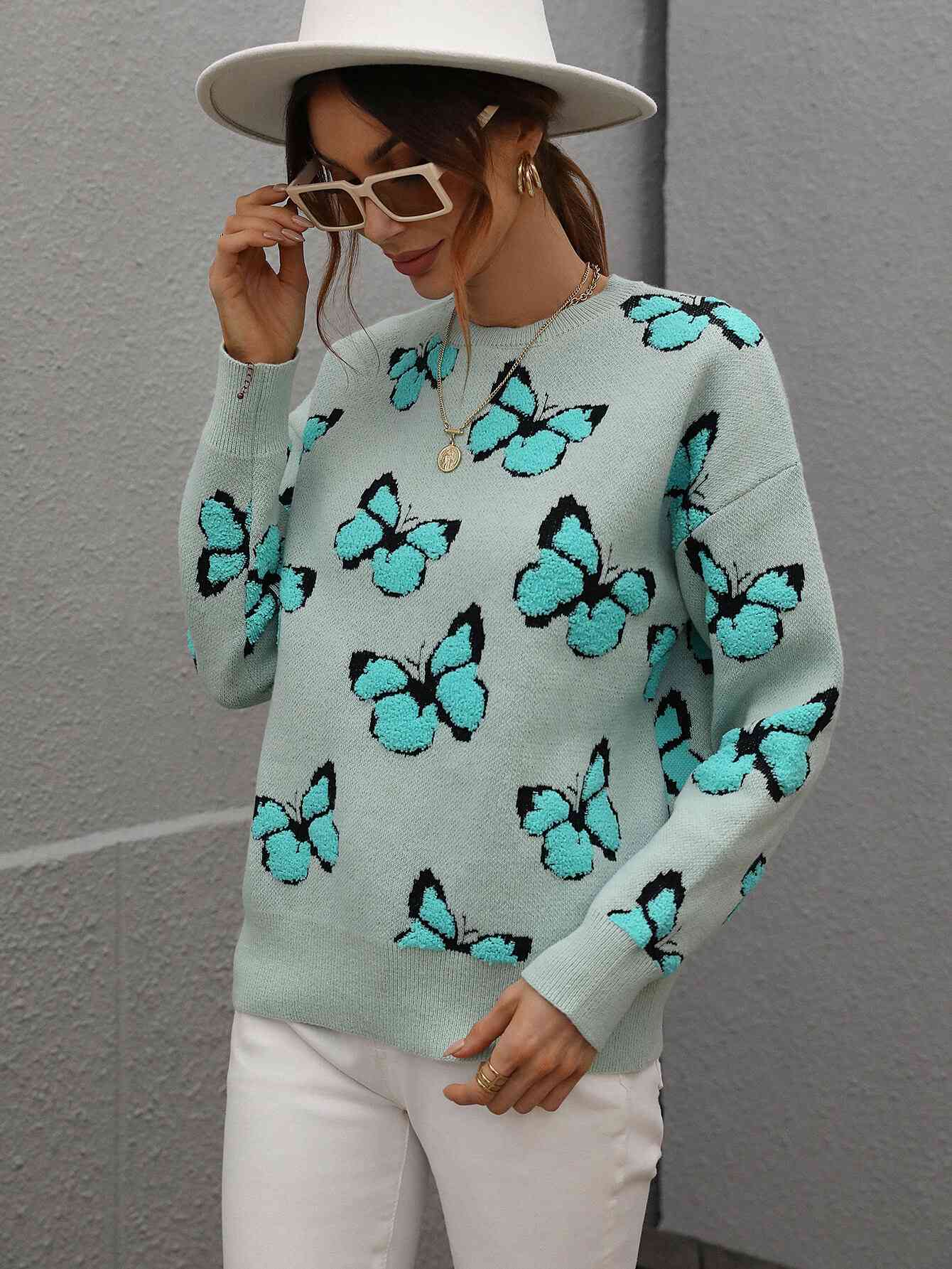 Woven Right Butterfly Dropped Shoulder Crewneck Sweater - Deals DejaVu