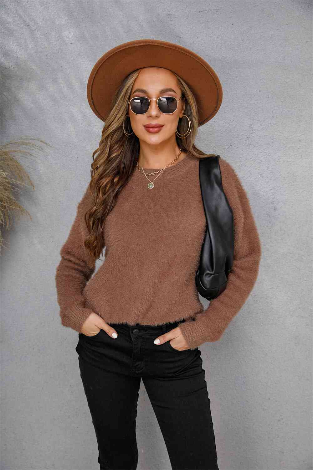 Dropped Shoulder Round Neck Fuzzy Sweater - Deals DejaVu