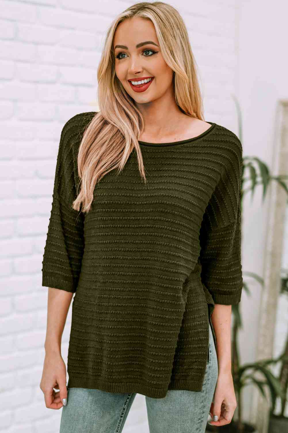 Round Neck Dropped Shoulder Side Slit Pullover Sweater