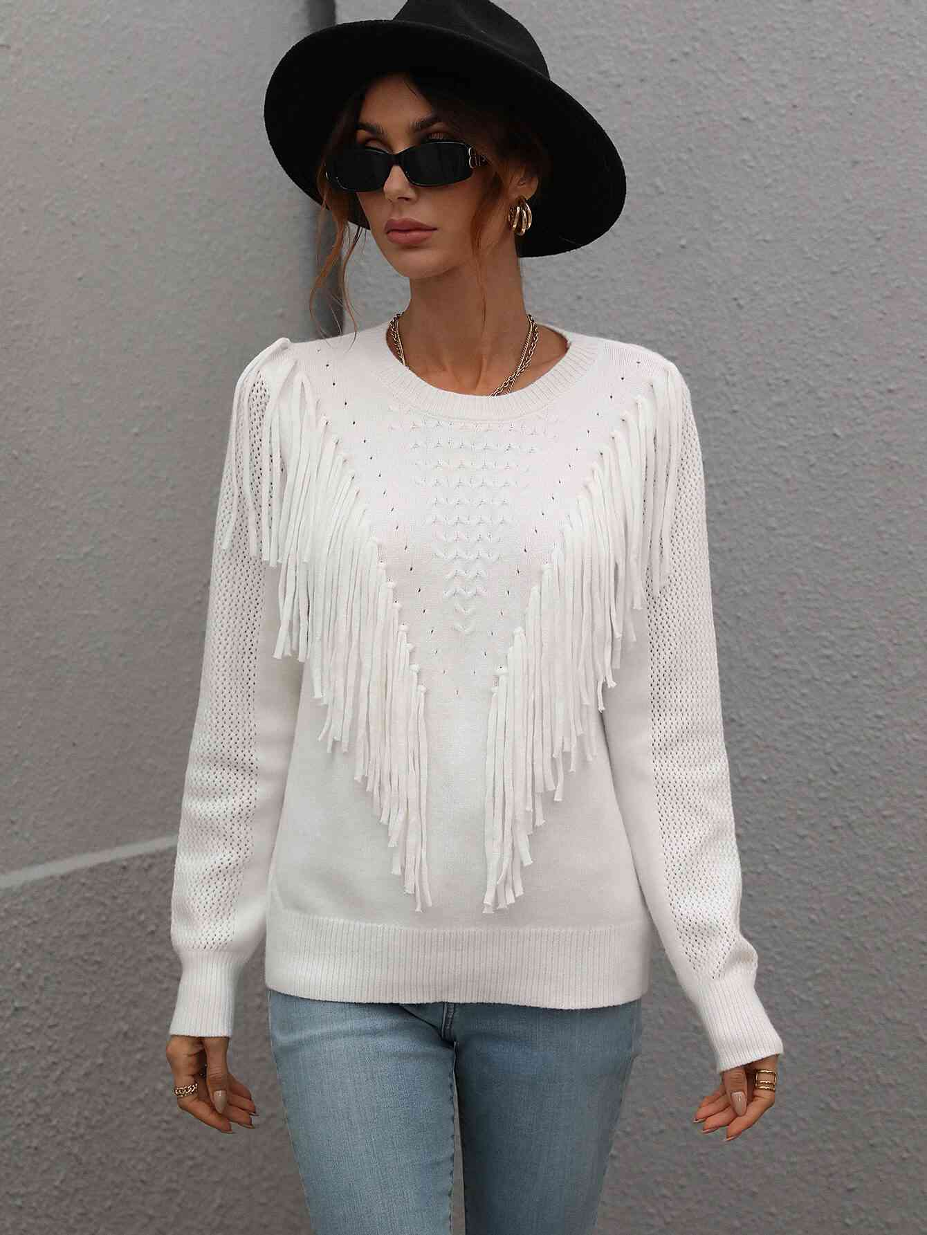 Double Take Fringe Detail Ribbed Trim Sweater - Deals DejaVu