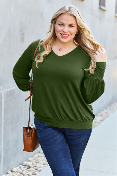 Basic Bae Full Size V-Neck Lantern Sleeve Blouse