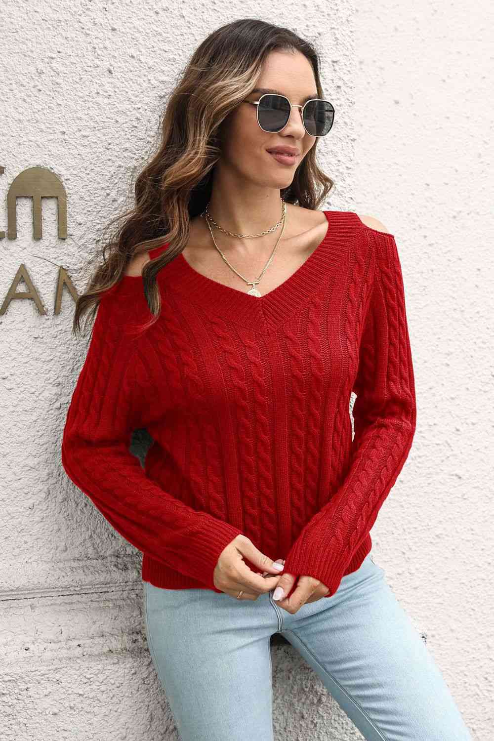 Cold Shoulder V-Neck Cable-Knit Pullover Sweater - Deals DejaVu