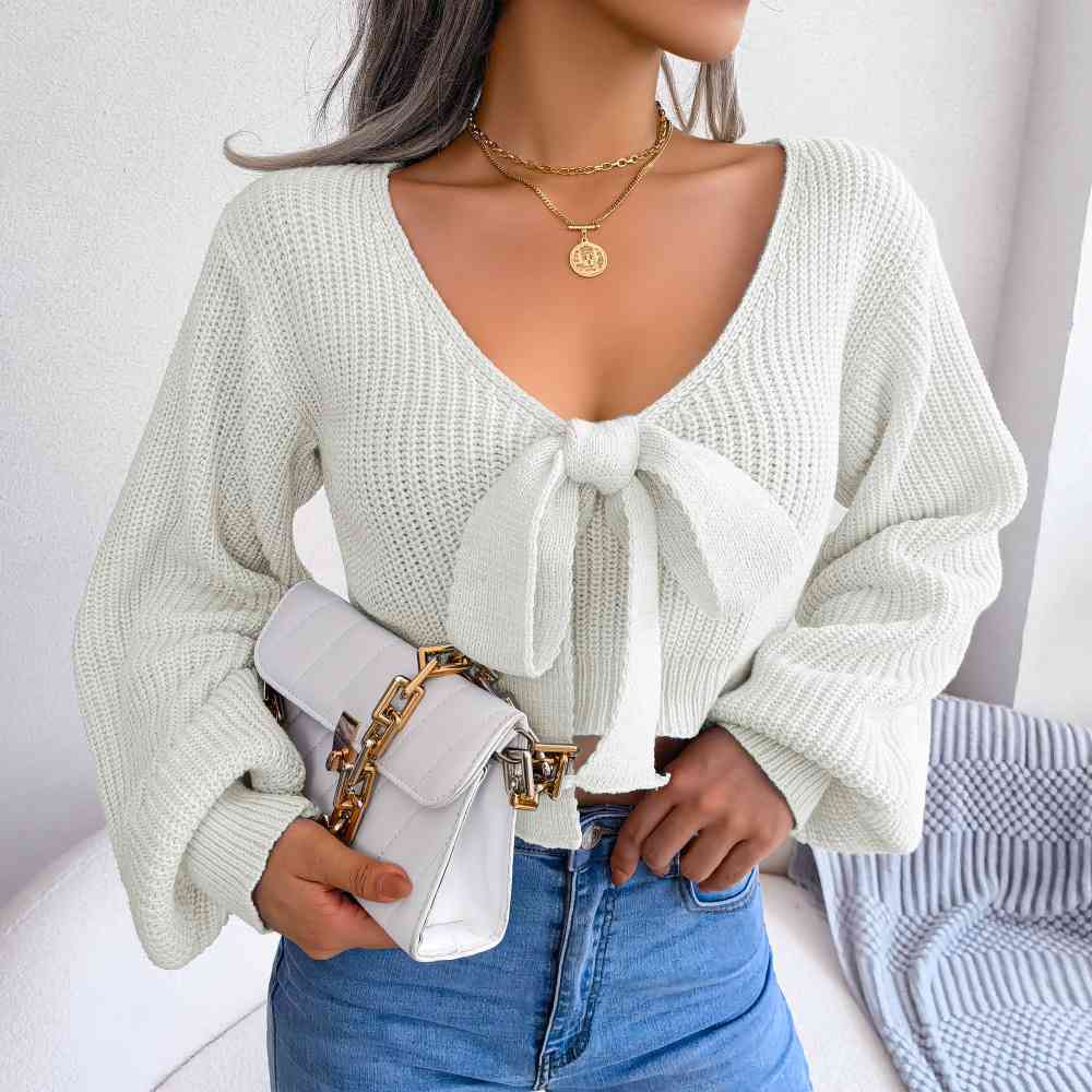 Tie-Front Rib-Knit Cropped Sweater - Deals DejaVu