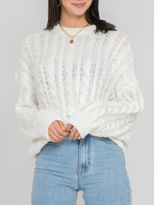 Openwork Round Sleeve Cable-Knit Sweater - Deals DejaVu