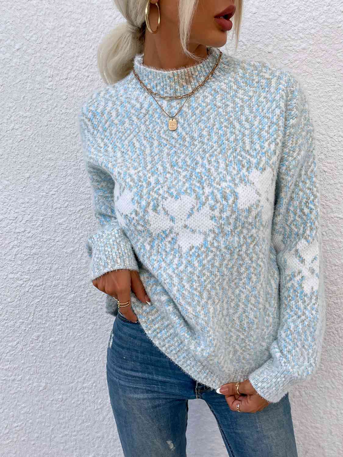 Four Leaf Clover Mock Neck Sweater - Deals DejaVu