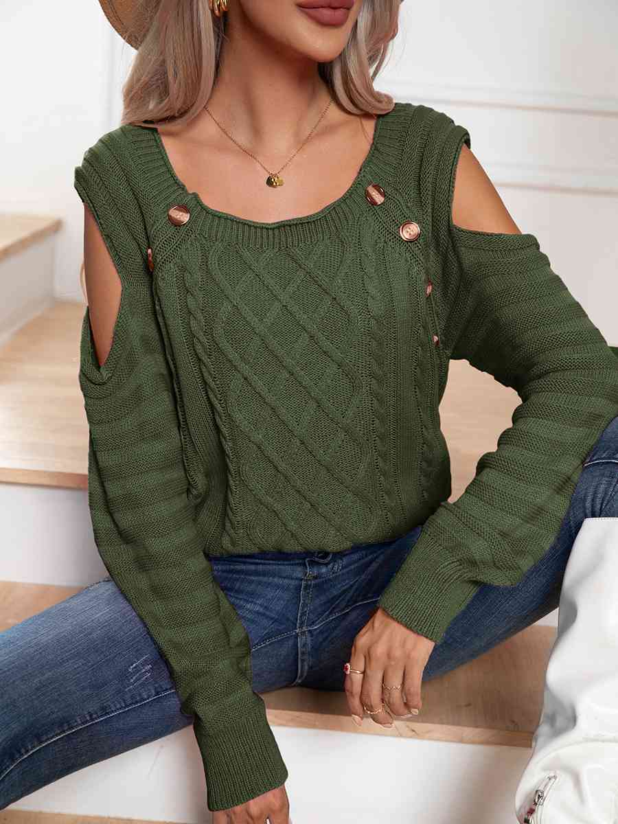 Decorative Button Cold-Shoulder Sweater - Deals DejaVu