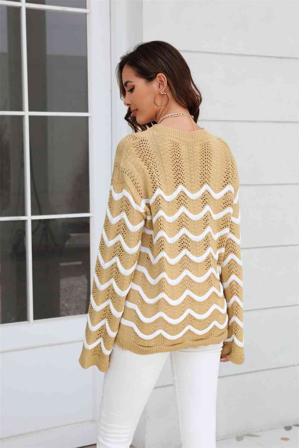 Wave Pattern Round Neck Long Sleeve Sweater - Deals DejaVu