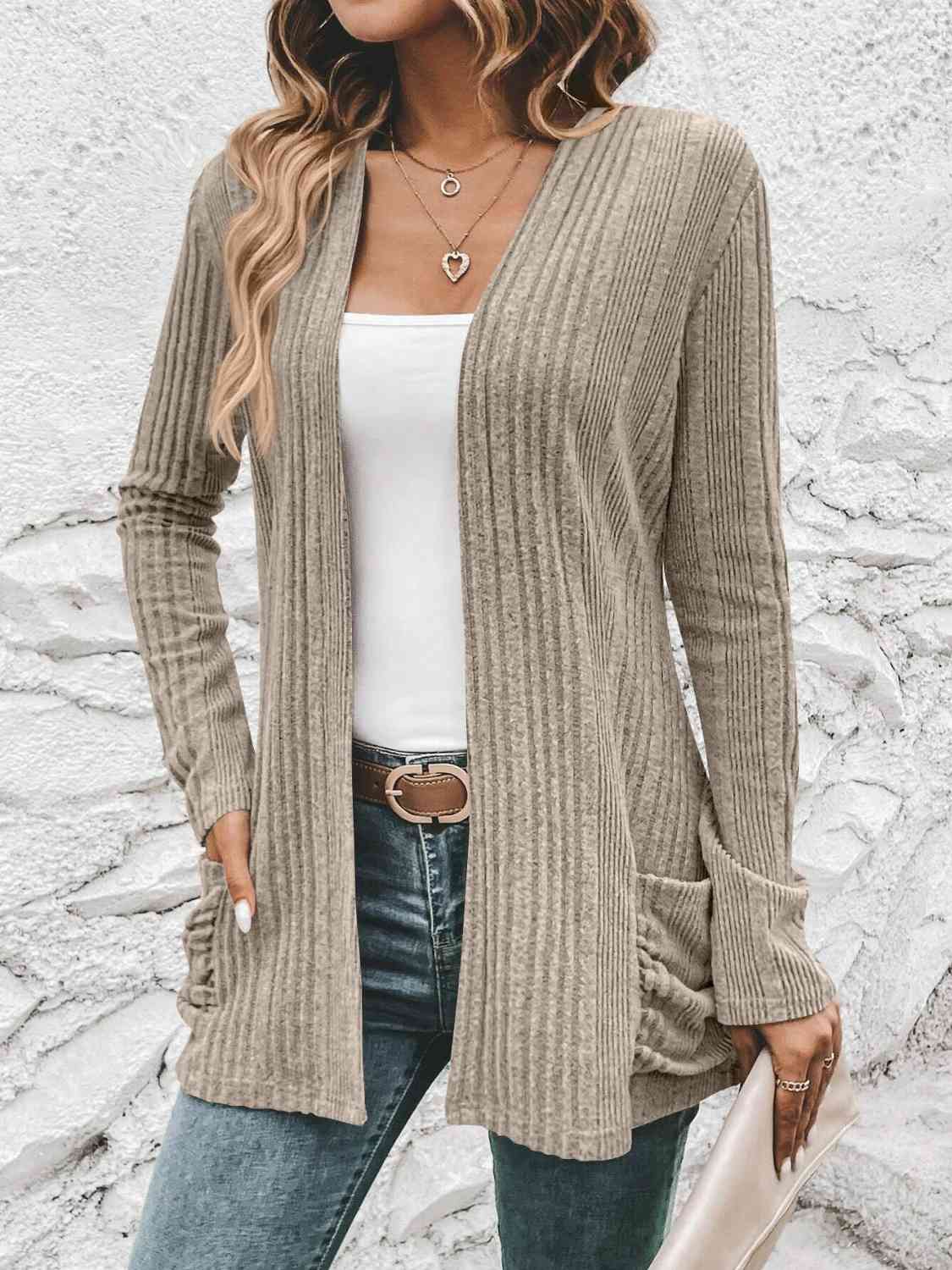 Ribbed Open Front Cardigan with Pockets (BFD) T - Deals DejaVu