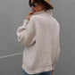 Woven Right High Neck Balloon Sleeve Rib-Knit Pullover Sweater