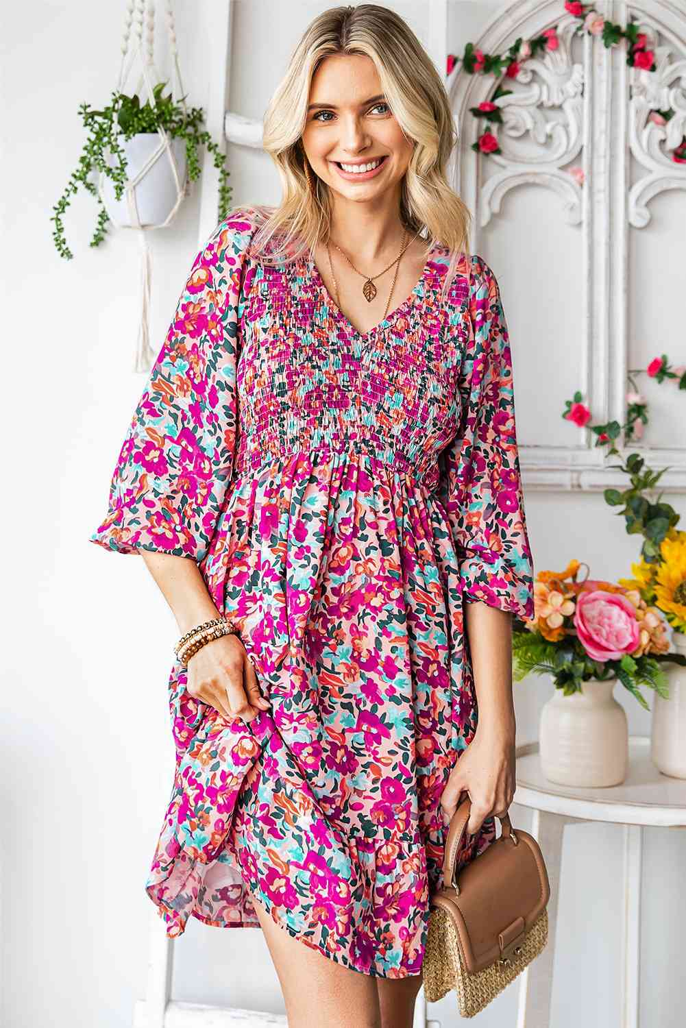 Floral Smocked V-Neck Flounce Sleeve Dress (MWBT) T - Deals DejaVu