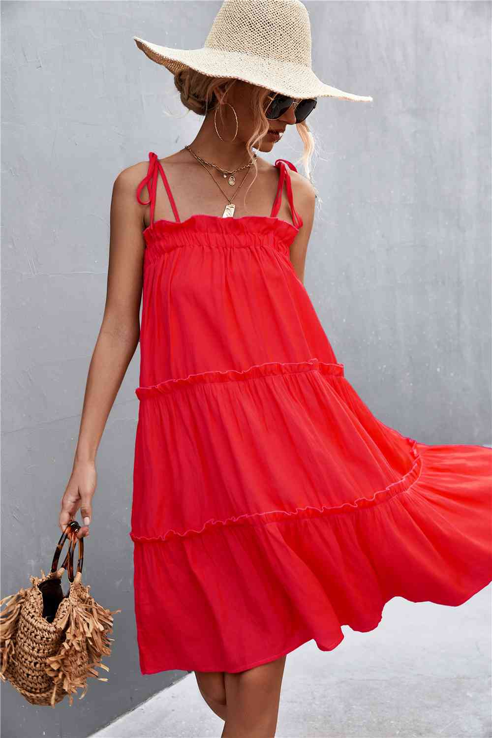 Tie-Shoulder Frill Trim Sleeveless Dress - Deals DejaVu