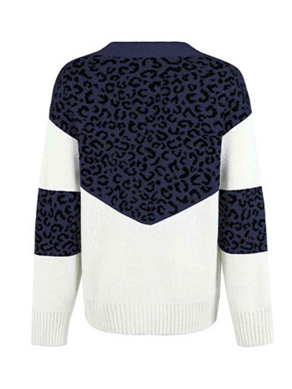 Leopard V-Neck Dropped Shoulder Sweater - Deals DejaVu