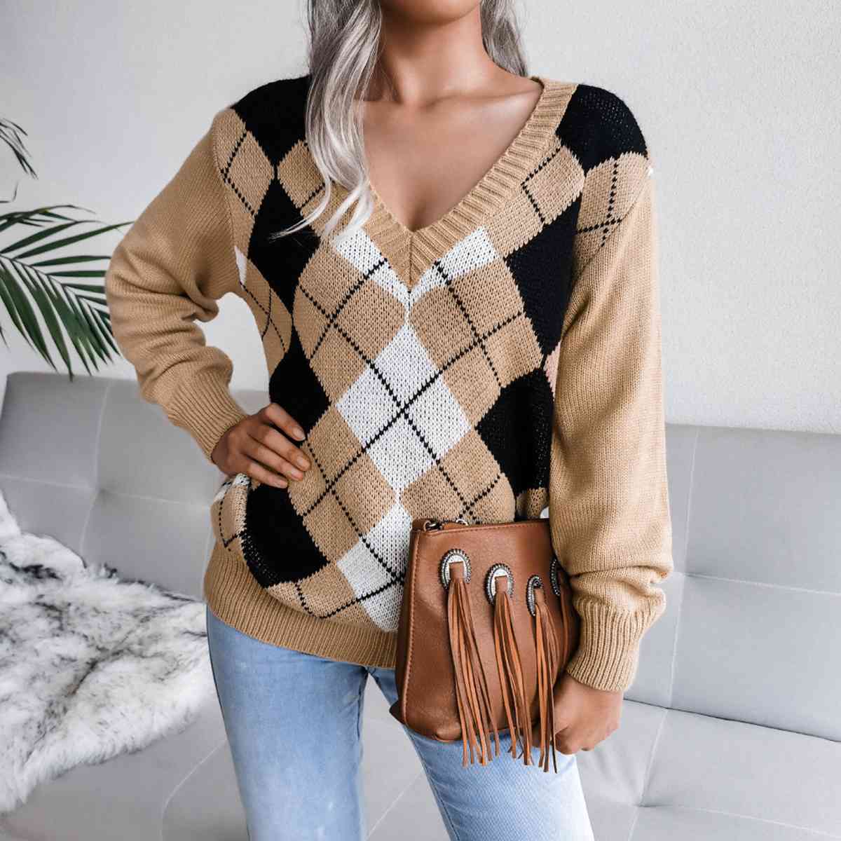 Geometric V-Neck Sweater - Deals DejaVu