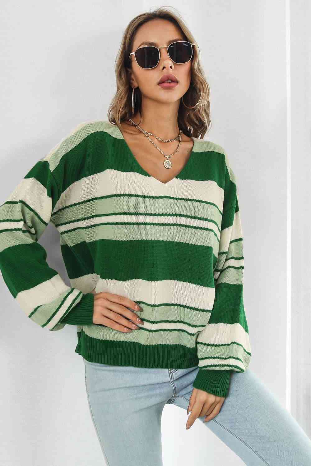 Striped V-Neck Dropped Shoulder Sweater